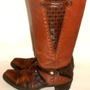 Cuadra Luxury Handmade Tall Brown Leather-&-Lizard Mexican Harness Boots 7.5M